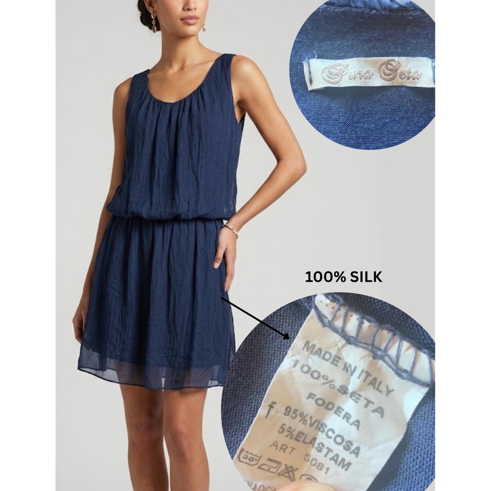Pura Seta Blue 100% Silk Sleeveless Blouson Mini Dress Made In Italy 5081